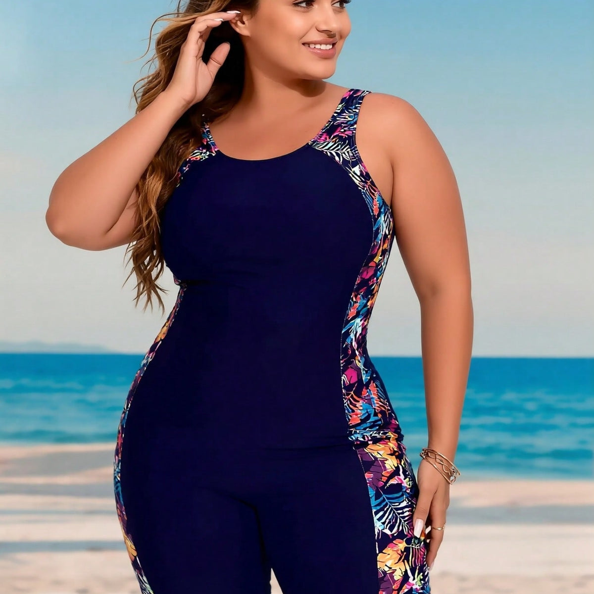 Plus Size Navy Tropical Panel Boyleg One-Piece Swimsuit