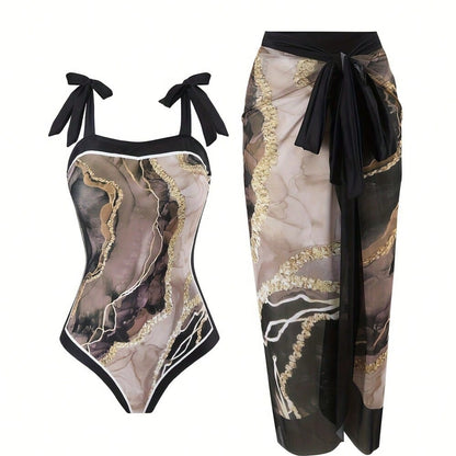 Black & Purple Marble Print Tie Strap One-Piece Swimsuit With Matching Sarong Cover Up