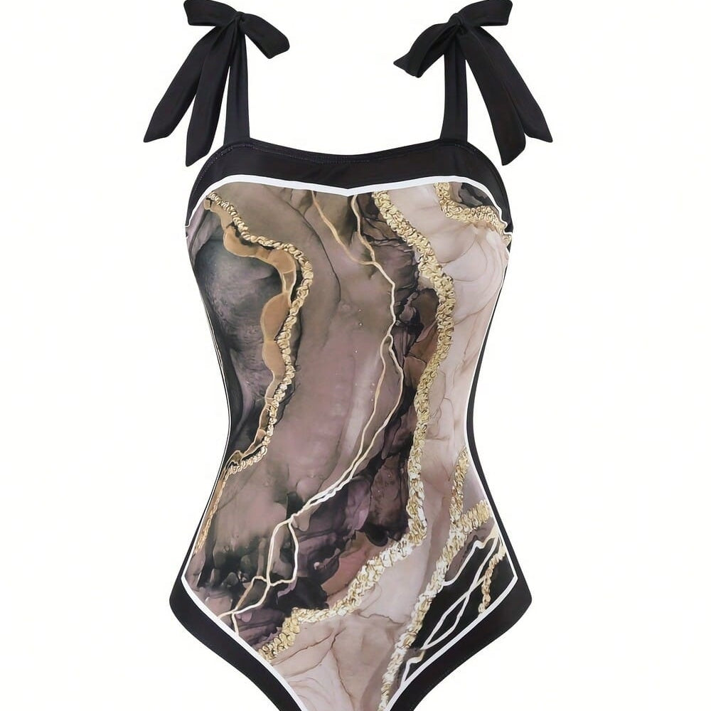Black & Purple Marble Print Tie Strap One-Piece Swimsuit With Matching Sarong Cover Up