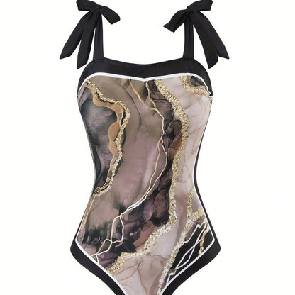 Black & Purple Marble Print Tie Strap One-Piece Swimsuit With Matching Sarong Cover Up
