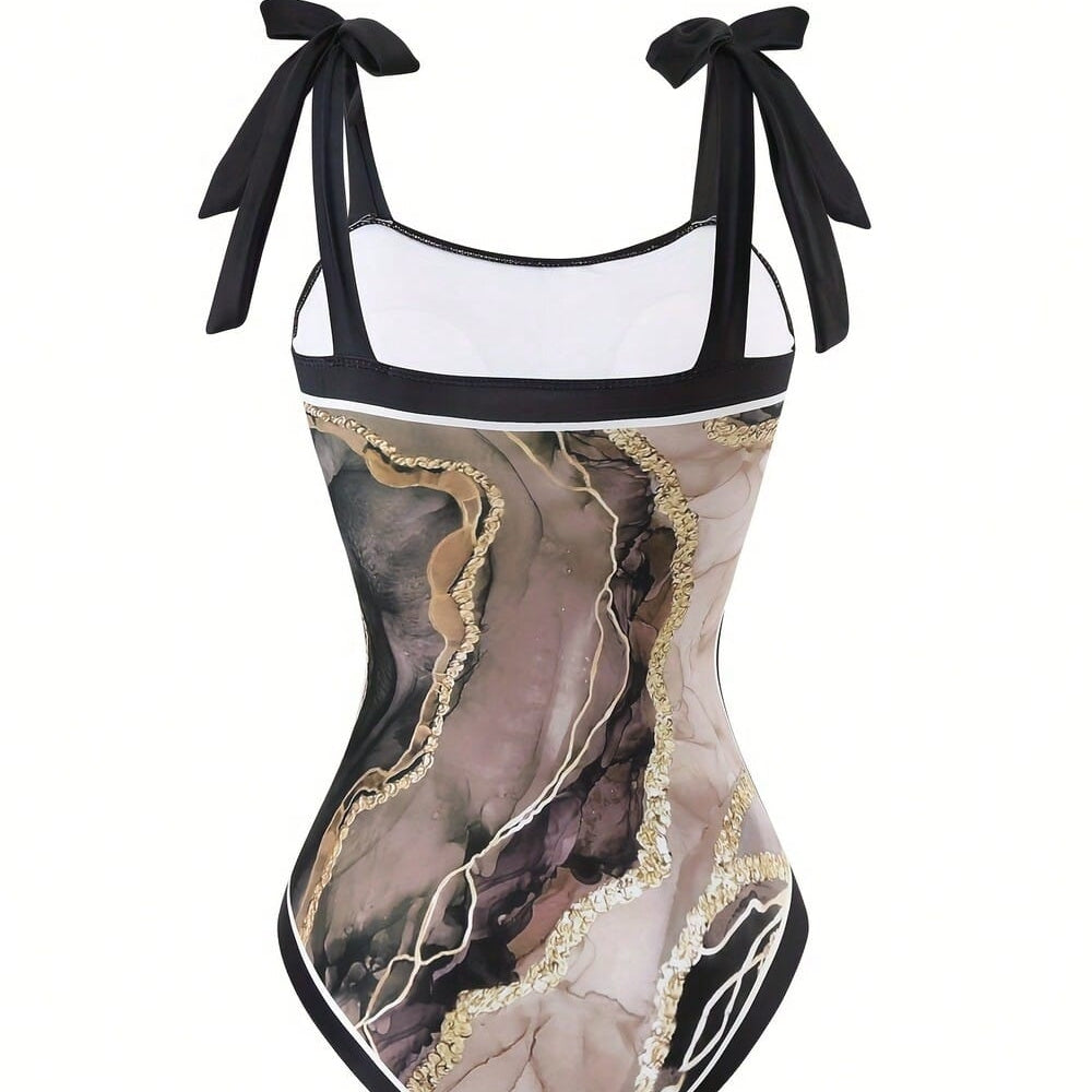 Black & Purple Marble Print Tie Strap One-Piece Swimsuit With Matching Sarong Cover Up