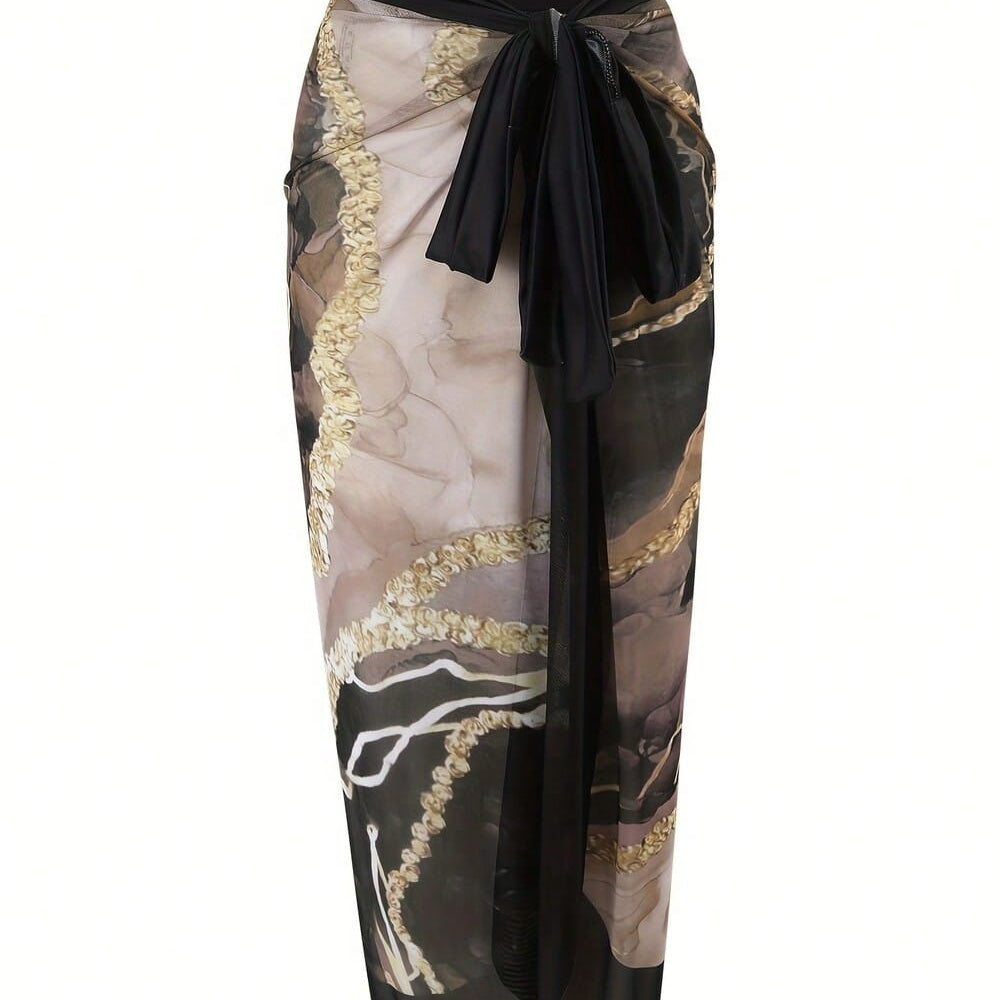 Black & Purple Marble Print Tie Strap One-Piece Swimsuit With Matching Sarong Cover Up