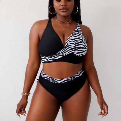 Plus Size Zebra Print Wrap-Front High-Waisted Bikini Set