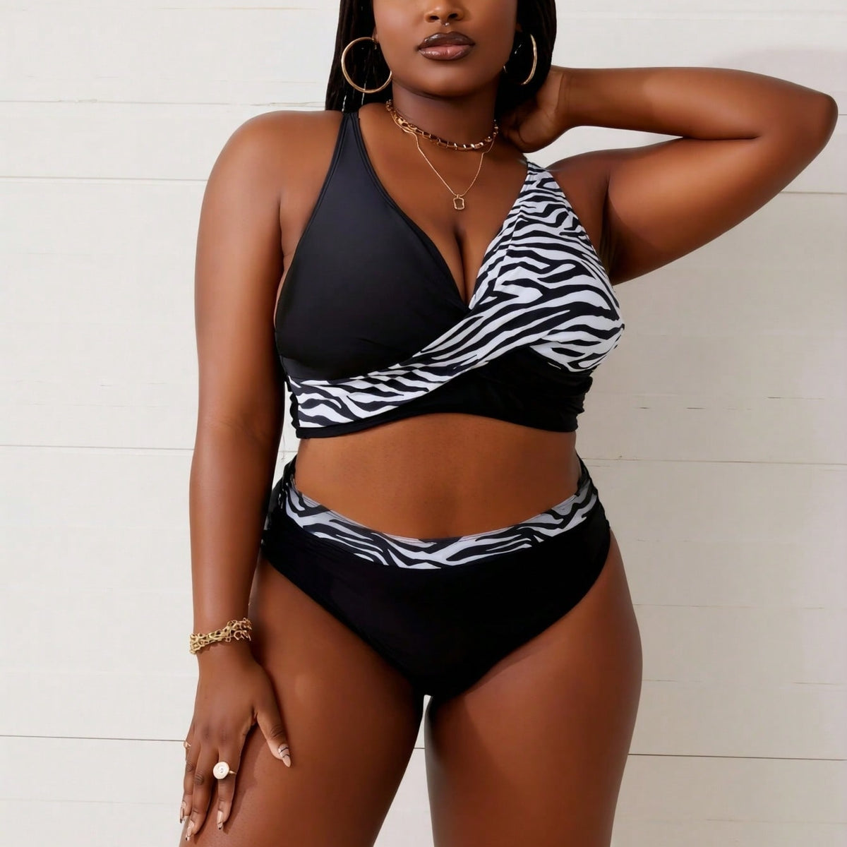 Plus Size Zebra Print Wrap-Front High-Waisted Bikini Set