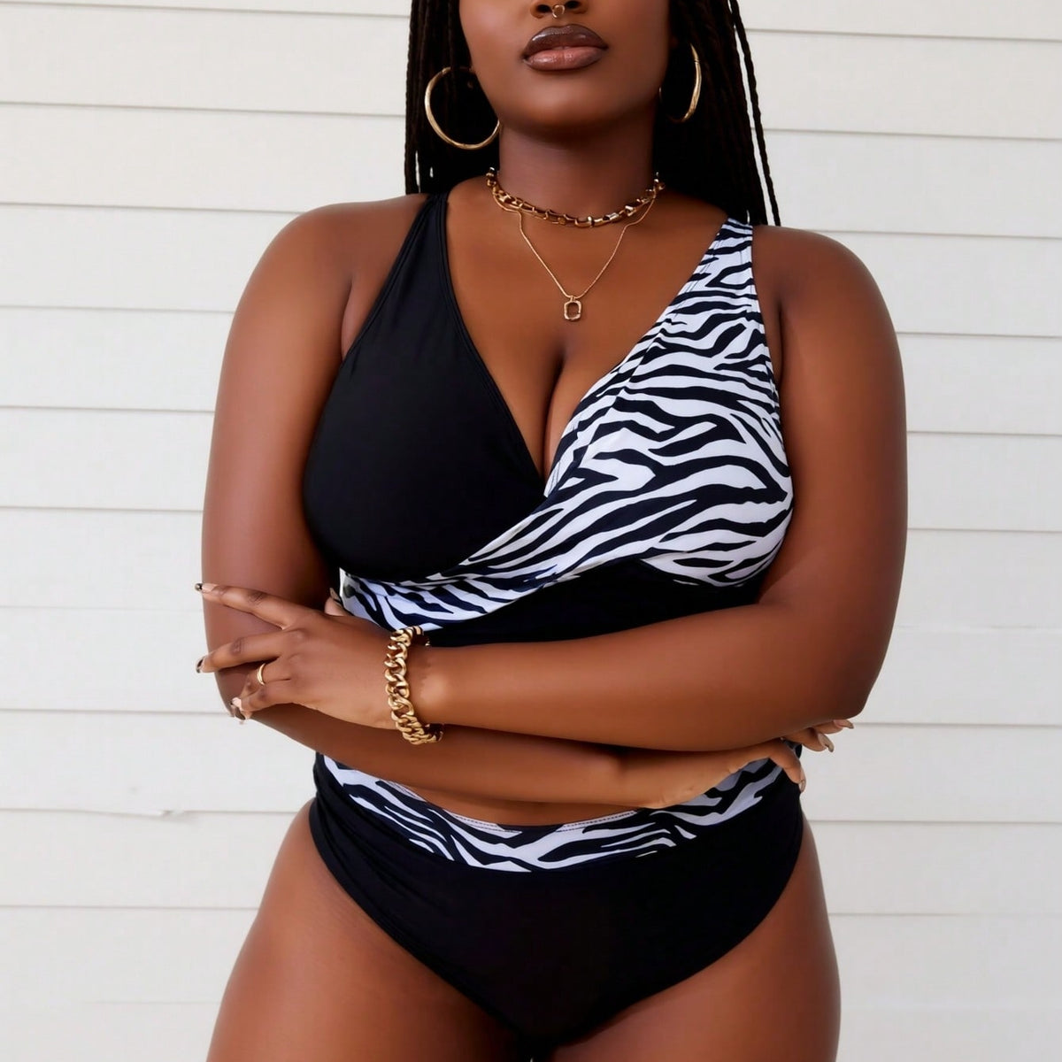 Plus Size Zebra Print Wrap-Front High-Waisted Bikini Set