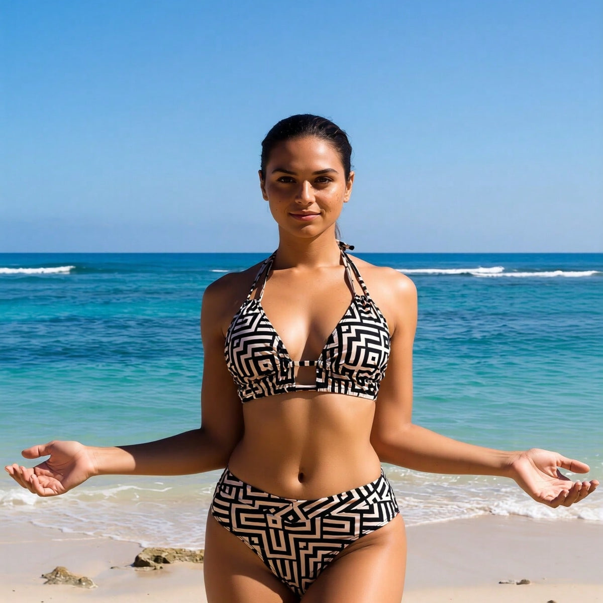 Geometric Print Halter High-Waisted Bikini Set