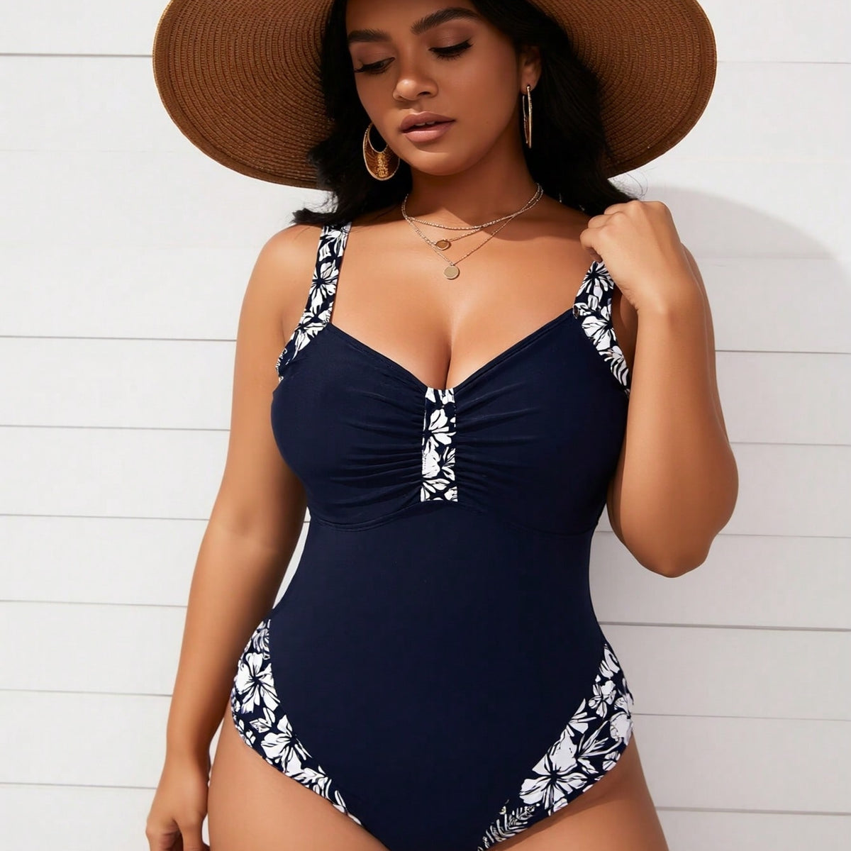 New Women's Plus Size One-Piece: Navy Blue, White Floral Trim, Ruched Front, Sweetheart Neck, Tummy Control Swimwear