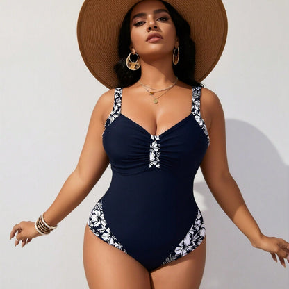 New Women's Plus Size One-Piece: Navy Blue, White Floral Trim, Ruched Front, Sweetheart Neck, Tummy Control Swimwear