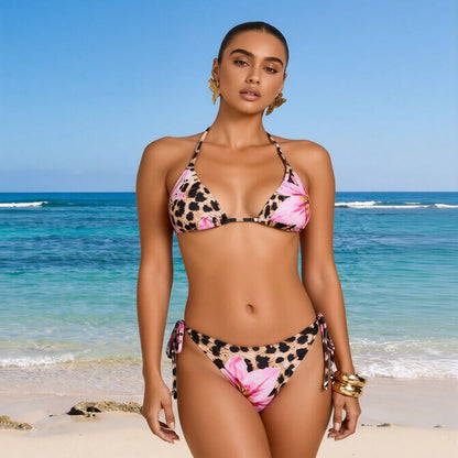 Leopard and Floral Print Triangle Bikini Set