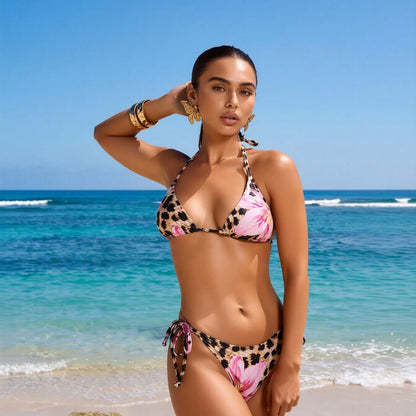 Leopard and Floral Print Triangle Bikini Set