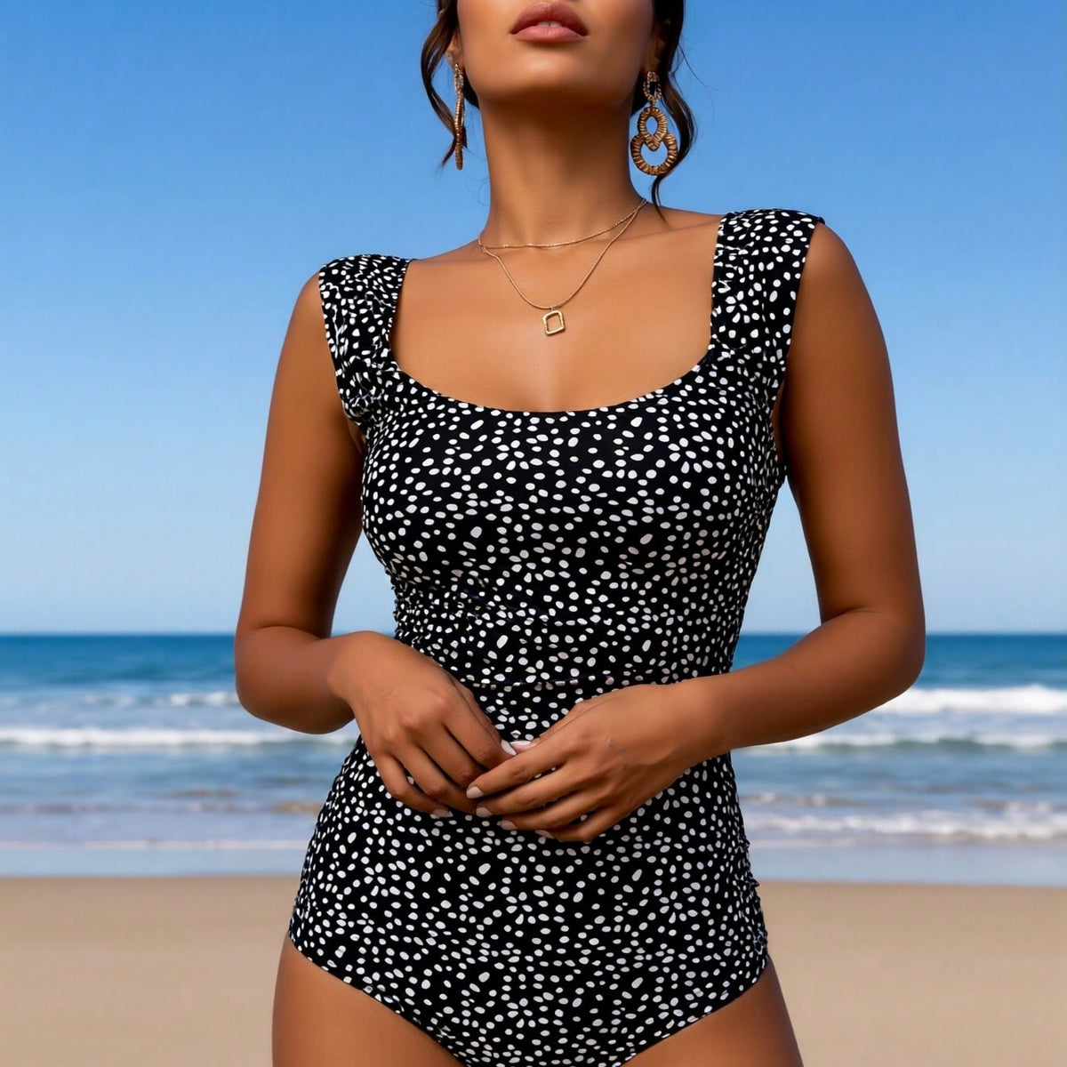 Black and White Dalmatian Print Square-Neck One-Piece Swimsuit