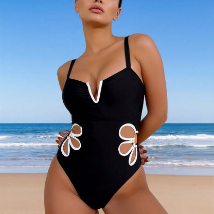 Black One-Piece Swimsuit with White Floral Cutout Detail