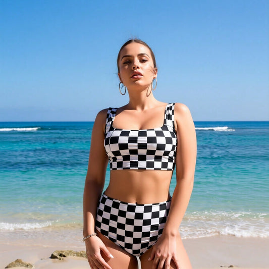 New Women's Bikini Set: Black & White Checkerboard Print, Square Neck Crop Top, High-Waist Bottoms, Retro Beach Style