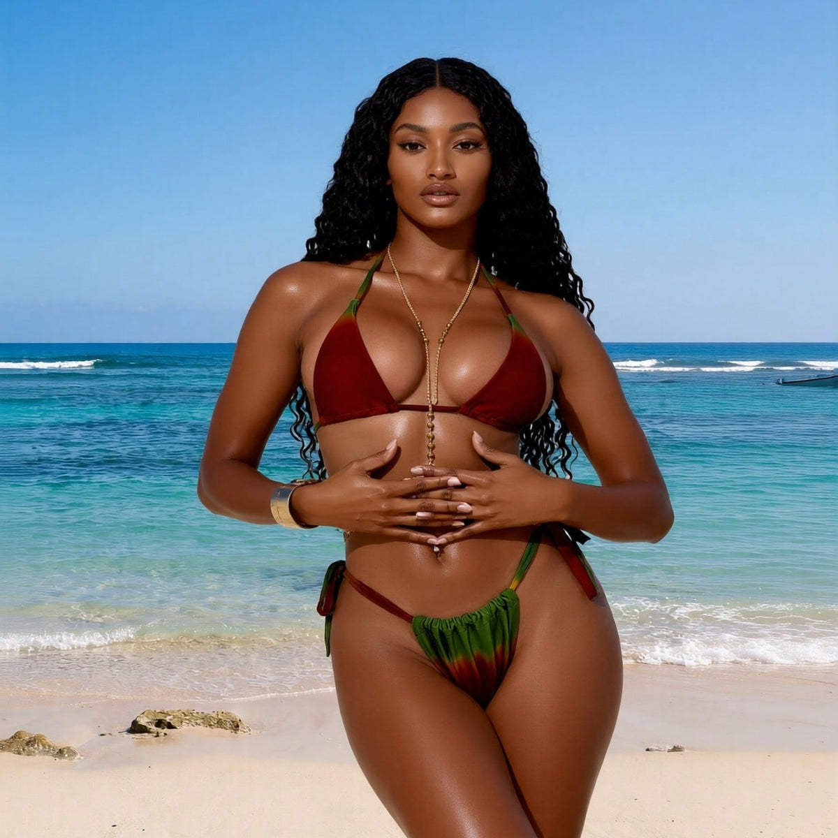 Red and Green Gradient Halter Bikini with Body Chain