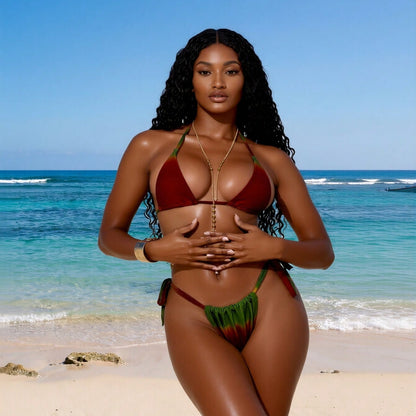 Red and Green Gradient Halter Bikini with Body Chain