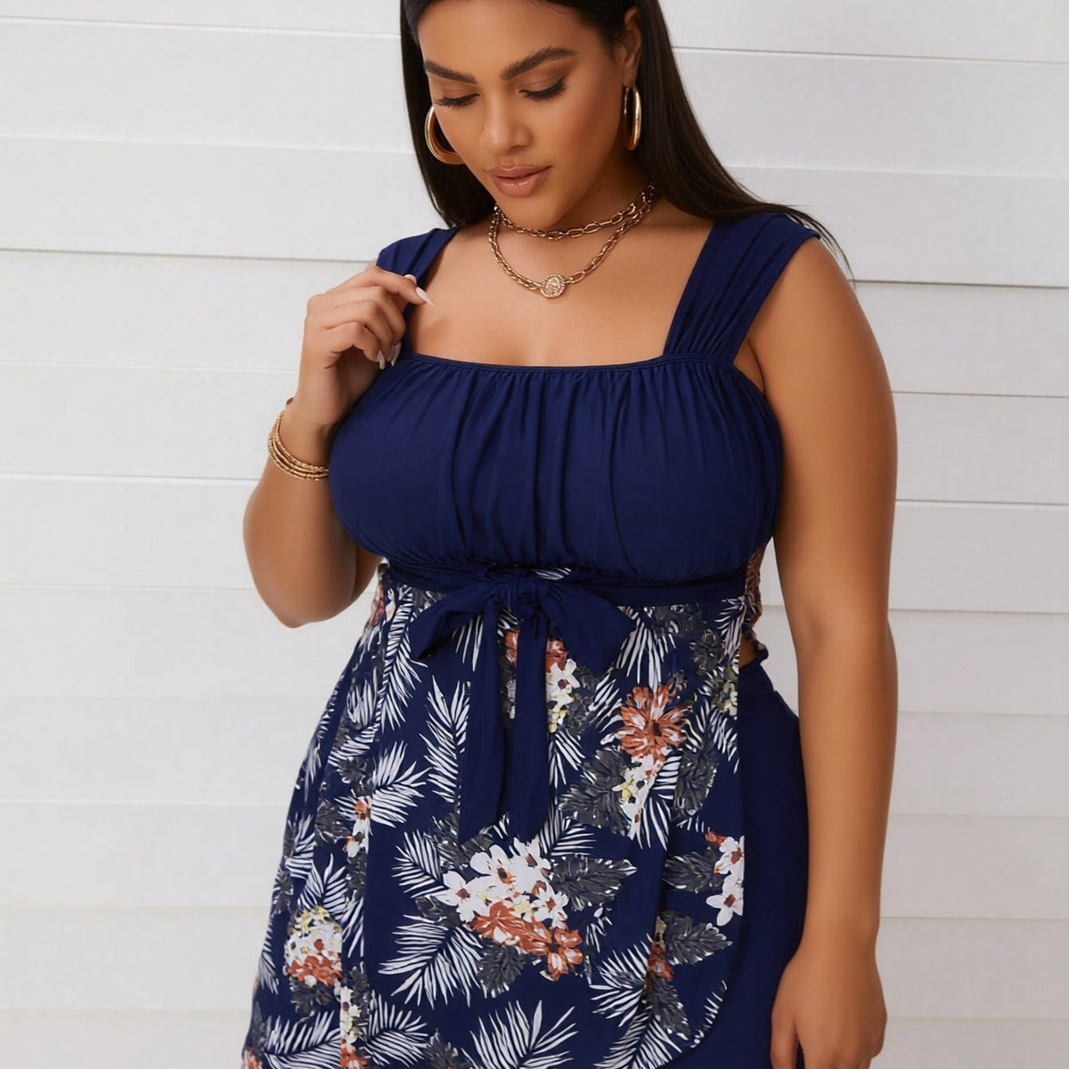Plus Size Navy Floral Tie-Front Swimdress Set