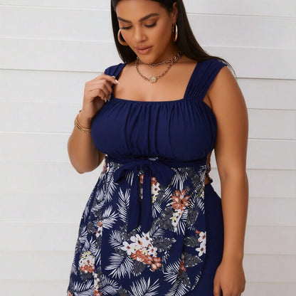 Plus Size Navy Floral Tie-Front Swimdress Set