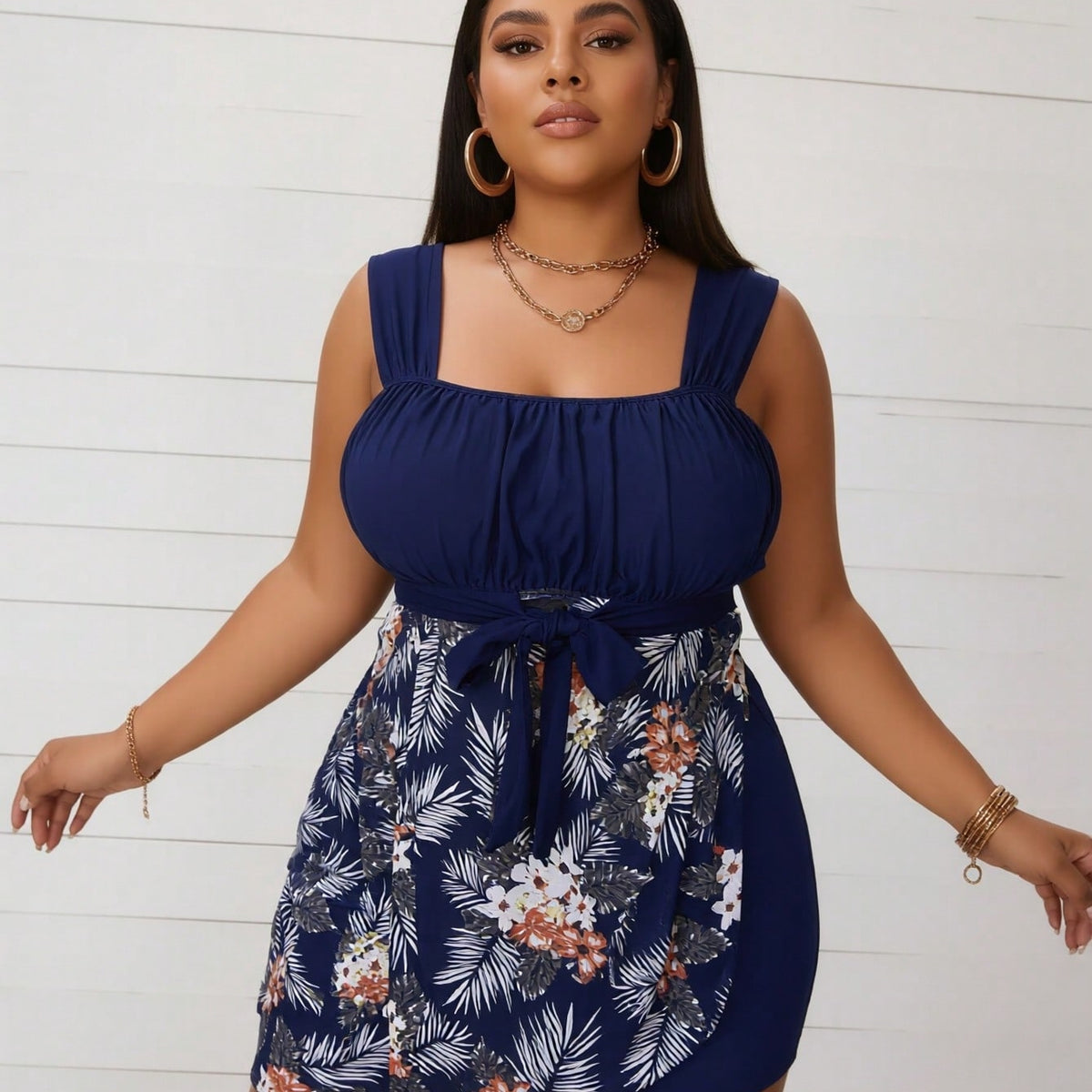 Plus Size Navy Floral Tie-Front Swimdress Set