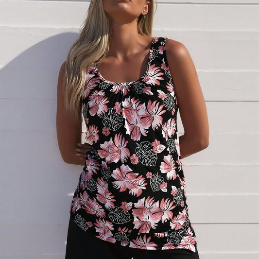 New Fashion Swimsuit Women's Black Tropical Floral Print Loose Tankini + Black  Set for Beach Vacation, Modest & Slim Fit