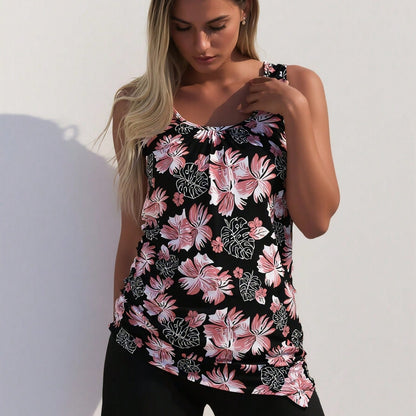 New Fashion Swimsuit Women's Black Tropical Floral Print Loose Tankini + Black  Set for Beach Vacation, Modest & Slim Fit