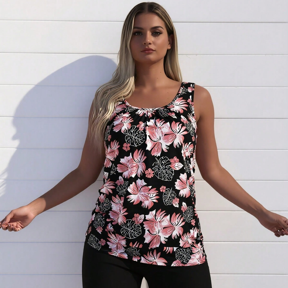 New Fashion Swimsuit Women's Black Tropical Floral Print Loose Tankini + Black  Set for Beach Vacation, Modest & Slim Fit