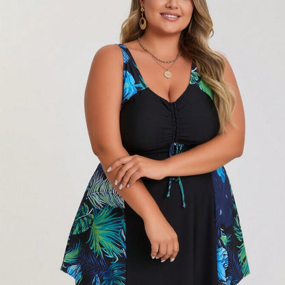 Vacation Style Plus Size Swimdress: Vibrant Tropical Leaf Print On Black Base For A Fresh And Modest Beach Look