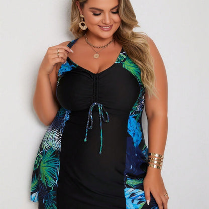 Vacation Style Plus Size Swimdress: Vibrant Tropical Leaf Print On Black Base For A Fresh And Modest Beach Look