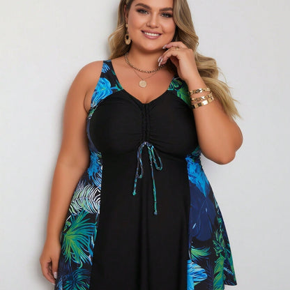 Vacation Style Plus Size Swimdress: Vibrant Tropical Leaf Print On Black Base For A Fresh And Modest Beach Look