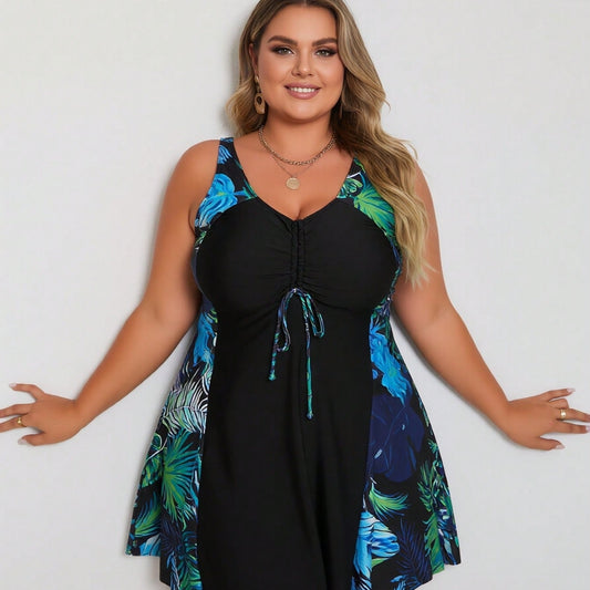 Vacation Style Plus Size Swimdress: Vibrant Tropical Leaf Print On Black Base For A Fresh And Modest Beach Look