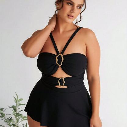 Plus Size Black Halter Swimdress with Gold Ring Detail