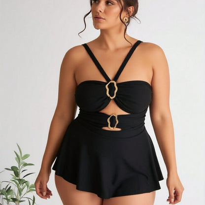 Plus Size Black Halter Swimdress with Gold Ring Detail