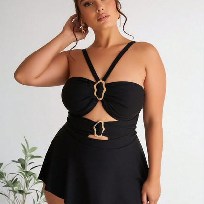 Plus Size Black Halter Swimdress with Gold Ring Detail