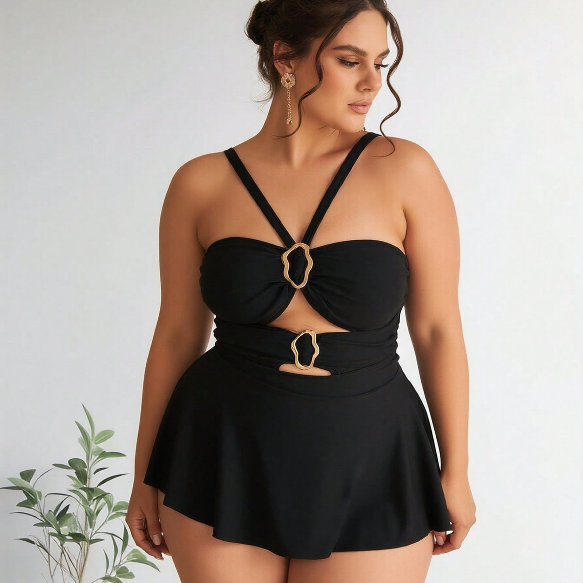 Plus Size Black Halter Swimdress with Gold Ring Detail