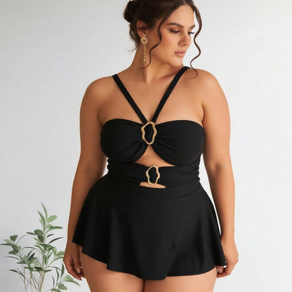 Plus Size Black Halter Swimdress with Gold Ring Detail