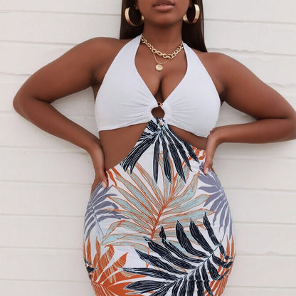 New Women's One-Piece Swimsuit: White Halter Top with O-Ring Detail, Tropical Palm Leaf Print Skirted Bottom, Side Cutout, Flattering Silhouette