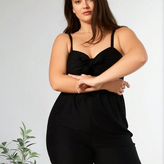 New Women's Plus Size One-Piece Swimsuit: Black Solid Color, Sweetheart Neckline with Front Bow Detail, Adjustable Spaghetti Straps, Flowy Skirted Short Silhouette