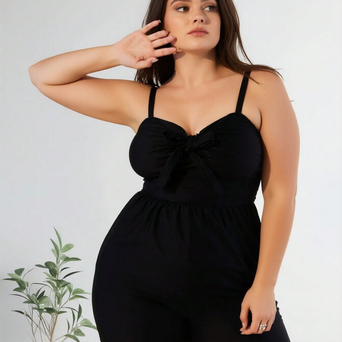 New Women's Plus Size One-Piece Swimsuit: Black Solid Color, Sweetheart Neckline with Front Bow Detail, Adjustable Spaghetti Straps, Flowy Skirted Short Silhouette