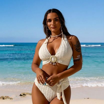 New Women's Off-White Textured Shell Pendant Halter Tie High Waist Two-Piece Swimsuit Tummy Control for Vacation