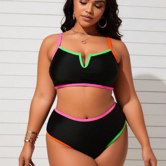 New Women's Plus Size Two-Piece Swimsuit: Black Bikini Top with Neon Color Block Trim, High-Waist Bottoms, V-Notch Neckline, Adjustable Straps
