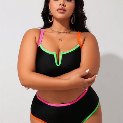 New Women's Plus Size Two-Piece Swimsuit: Black Bikini Top with Neon Color Block Trim, High-Waist Bottoms, V-Notch Neckline, Adjustable Straps