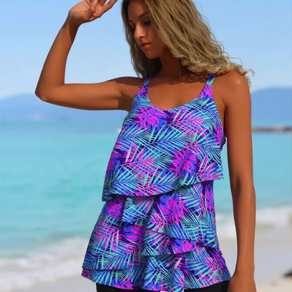Women's Tropical Tankini: Purple & Pink Palm Print Tiered Ruffle Top and Matching Black Boyleg Shorts