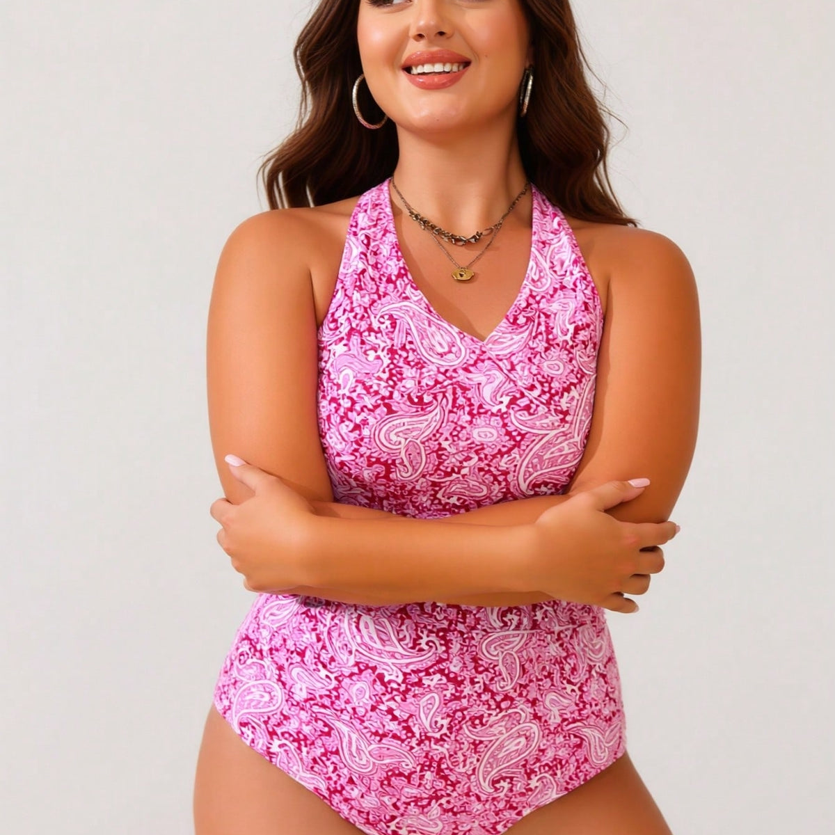 Plus Size Pink Paisley Ruched Halter One-Piece Swimsuit