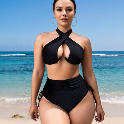 New Women's Sexy Cross Halter Cutout High Waist Ruched Two-Piece Swimsuit Tummy Control for Vacation