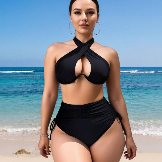 New Women's Sexy Cross Halter Cutout High Waist Ruched Two-Piece Swimsuit Tummy Control for Vacation