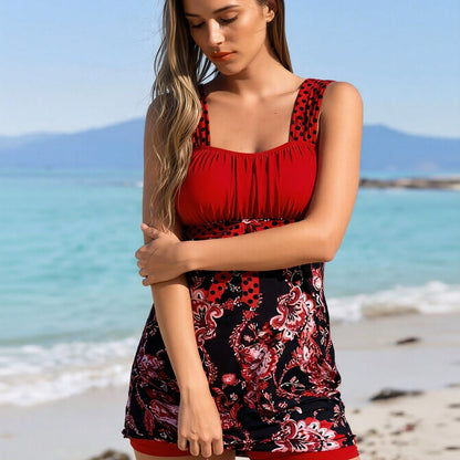 Women's Vibrant Swimdress: Red Ruched Bandeau Top, Black Paisley Print Skirt and Matching Red Boyleg Shorts