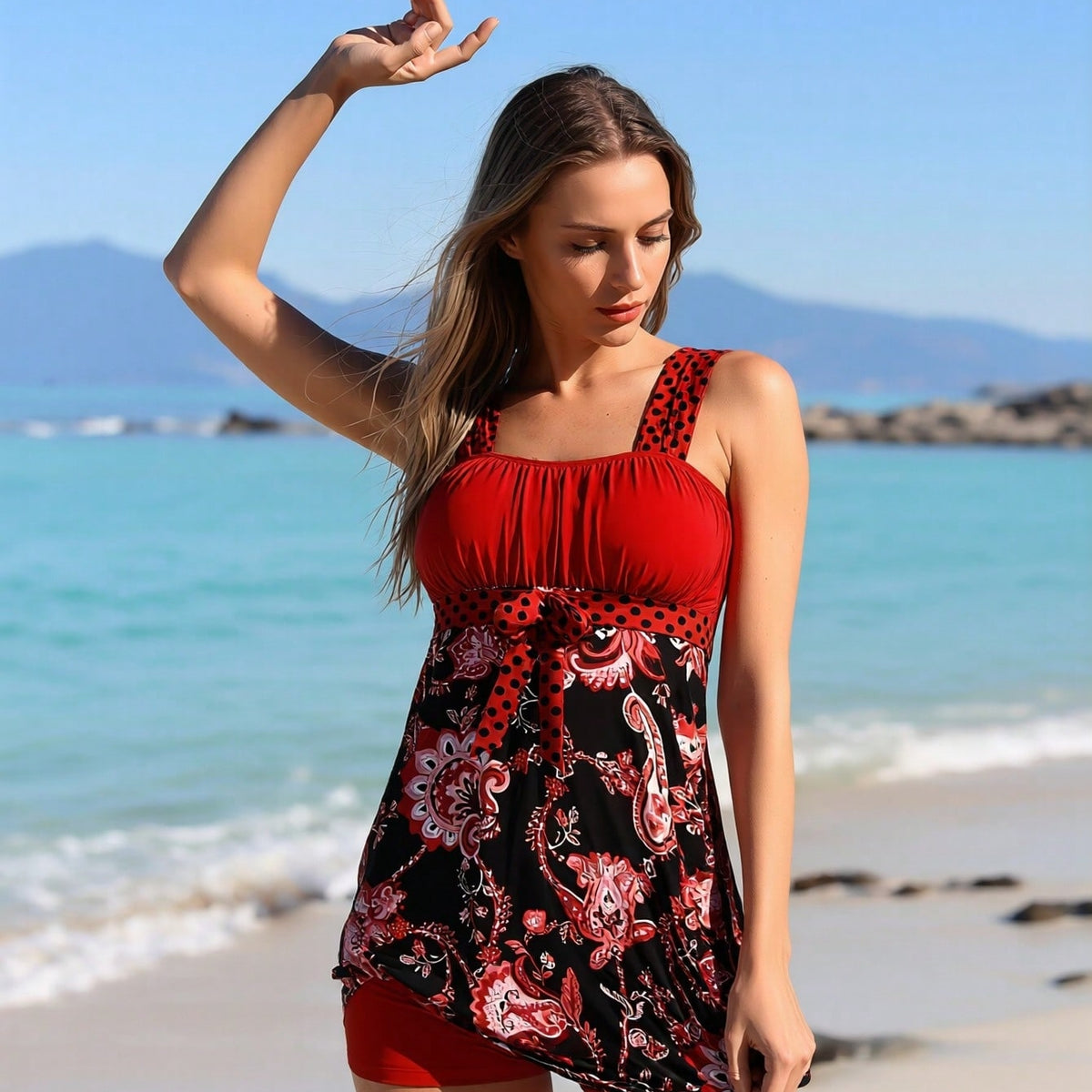 Women's Vibrant Swimdress: Red Ruched Bandeau Top, Black Paisley Print Skirt and Matching Red Boyleg Shorts