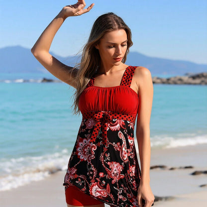 Women's Vibrant Swimdress: Red Ruched Bandeau Top, Black Paisley Print Skirt and Matching Red Boyleg Shorts