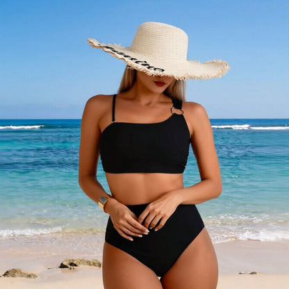 New Women's Sexy Fashion Black Asymmetric Metal Ring Two-Piece Swimsuit for Vacation & Leisure