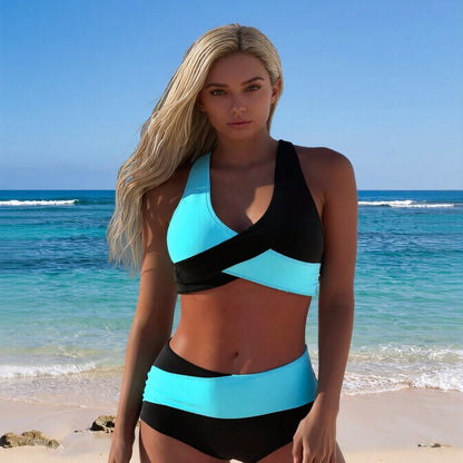 Women's Active Two-Piece: Turquoise & Black Color-Block Wrap Crop Top and Matching High-Waisted Boyleg Shorts