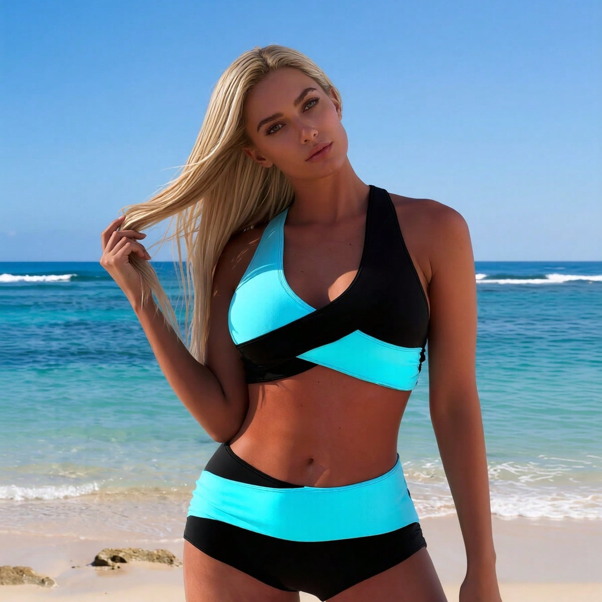 Women's Active Two-Piece: Turquoise & Black Color-Block Wrap Crop Top and Matching High-Waisted Boyleg Shorts